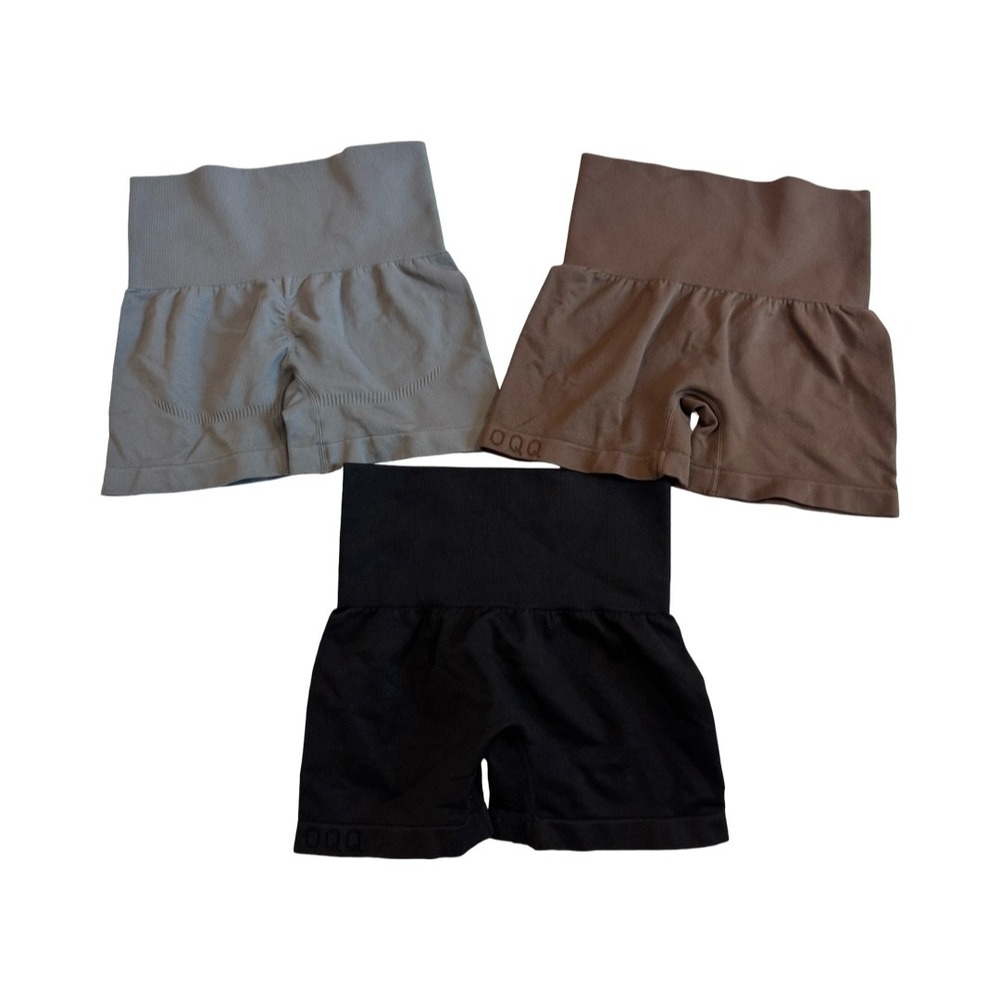 OQQ Womens Seamless High Waisted Workout Shorts Set of 3 Black Brown Grey Medium